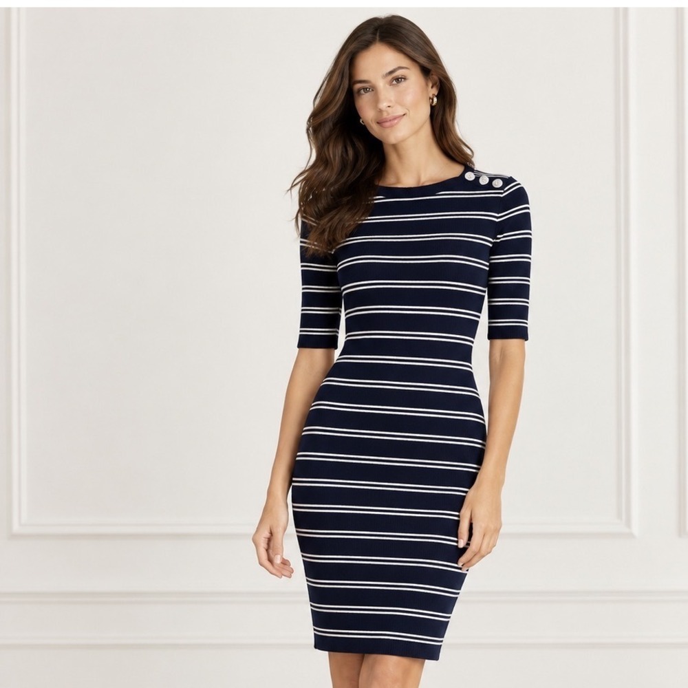 LRL Ralph Lauren Sheath Dress Womens Small Navy Stripe Button Nautical Preppy